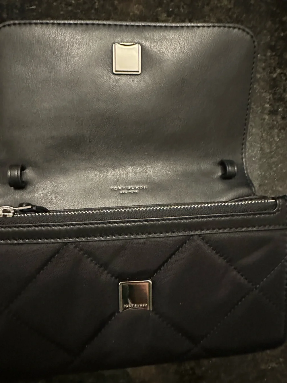 Tory Burch Black Quilted Crossbody with Silver Chain